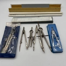 VINTAGE Drafting Supplies Lot Compass Rulers Sliderule Kern Dietzgen W&G