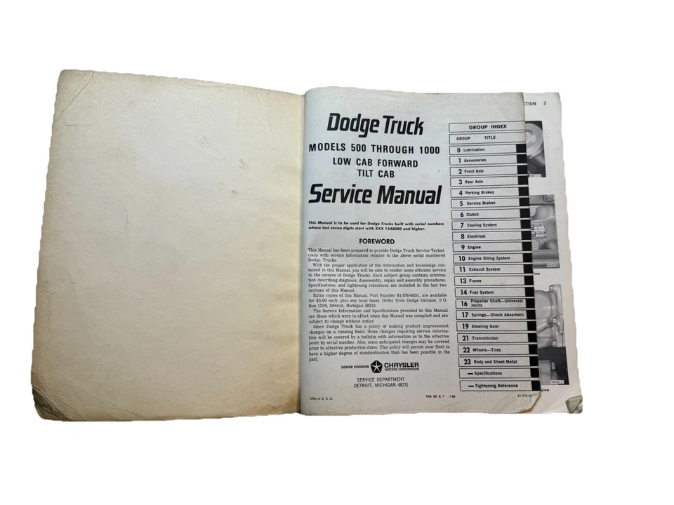 Dodge Truck 500 600 700 800 900 1000 1961-1966 OEM taller servicio manual de reparación 66 Foto 3 de 4