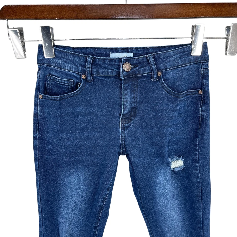 Jeans acampanados de bambú talla 7 azul grunge desgastado dobladillo crudo elástico denim Foto 4 de 4