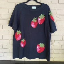 The Quacker Factory Sweater Womens 1X Plus Black Short Sleeve Strawberry Beaded