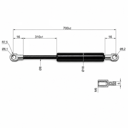 RhedexX Gasdruckfeder 290 Mm Länge, Hub 110 Mm, 50–400 N, M6 Kugelpfanne – Für Klappen & Türen