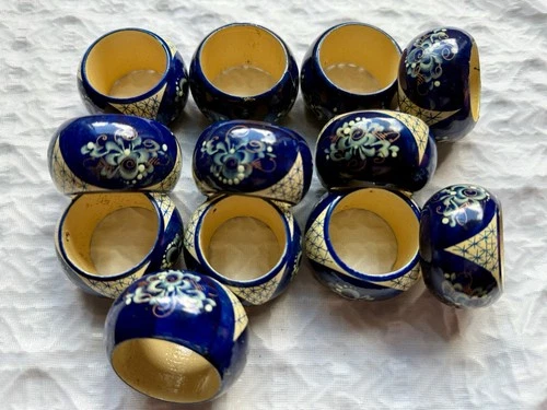 Vintage Russian Napkin Rings 12Pieces Wooden Hand Painted