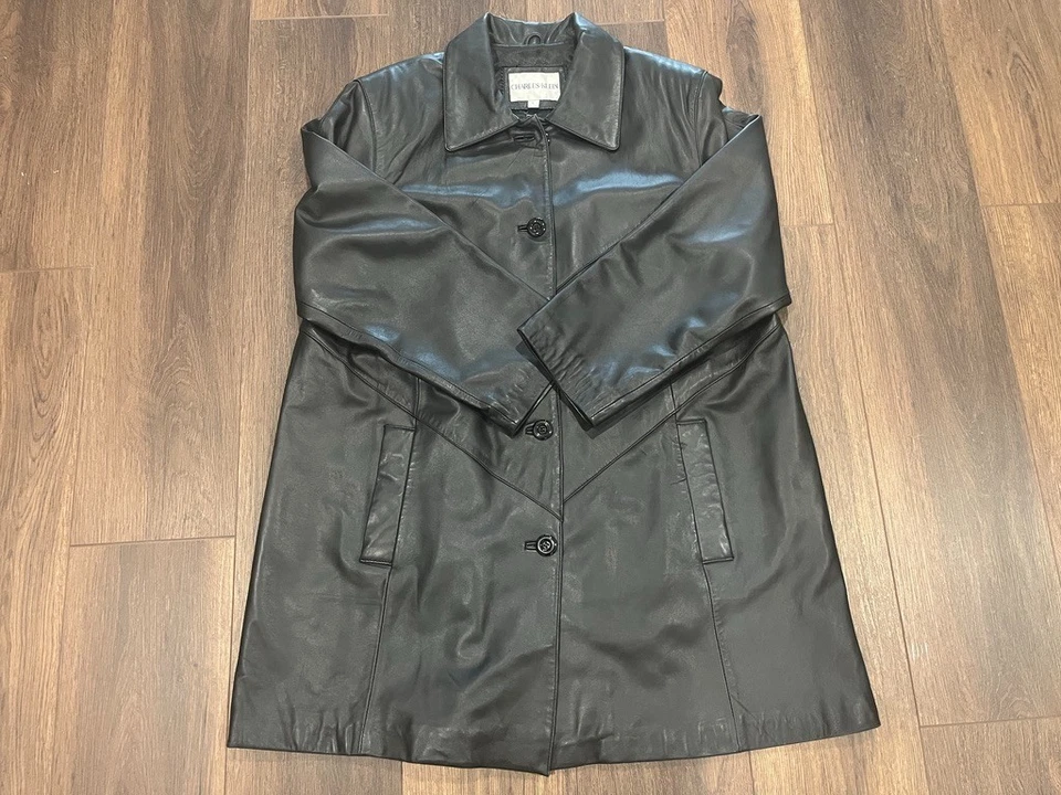 Gabardina vintage de cuero negro Charles Klein para mujer L Foto 2 de 4