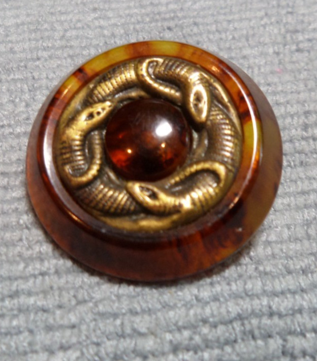 Antique Bakelite & Metal Picture Button Tested 1-1/8" Inch Root Beer SNAKES