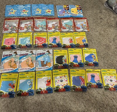 Reusable Washable Kids Cloth Face Masks Cartoon Characters New! Lot Of 31