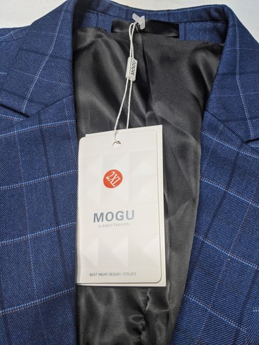 MOGU 3 Piece Slim Fit Navy Plaid Suit Blazer Vest Pants Tuxedo MENS MEDIUM 40 34 - Picture 8 of 9