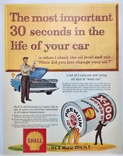 1959 Shell Motor Oil X-100 Premium Mechanic Print Ad Poster Man Cave Art Deco