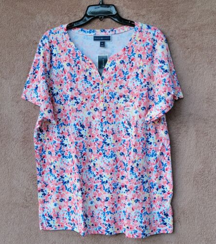 *NUOVO* Karen Scott divertente colorato floreale bianco top collo Henley manica corta - nuovo con etichette - Foto 16 di 23