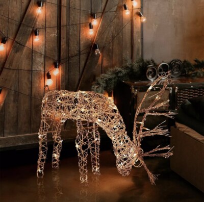 Alpine Corporation 24''H Outdoor Rattan Grazing Reindeer Decoration White Lights