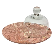 Marble Oval Platter Glass Dome Cheese Food Snack Tray Plate Set