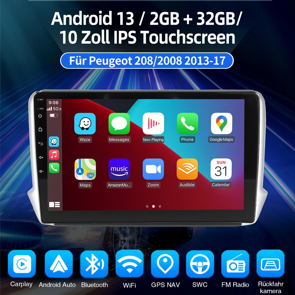 Pwe Peugeot 208/2008 2012-2018 DAB+ Android 13 Autoradio Navi CarPlay 2+32GB KAM - Immagine 2 di 4