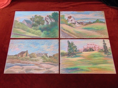 4 dessins pastel PAYSAGES AVEC MAISONS croquis de terrain extérieur M MILLEN Art  - Photo 1 sur 11