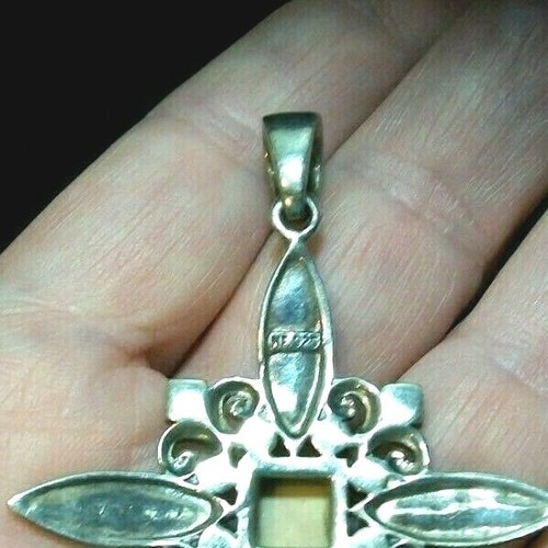 CIONDOLO CROCIFISSO PIETRA DI LUNA STERLING E MARCASITE VINTAGE MOLTO GRANDE 3"L 15,95G - Foto 4 di 6