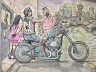 Framed Motorcycle ink drawing painting harley davidson biker art