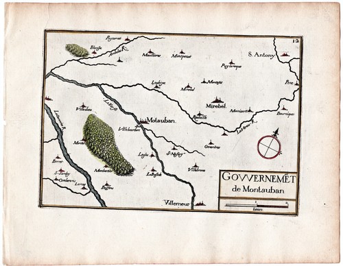 1634 Nicolas Tassin Antique Map Montauban, Villemur sur Tarn, Mirabel, France