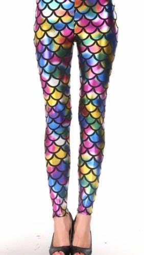 Womens Mermaid Mettalic Leggings Fish Scale Holographic Skinny Shiny Disco Pants - Picture 2 of 9
