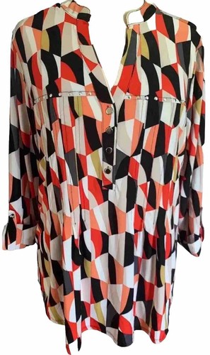 COCOMO 1X Red Black White Plus Size 3/4 sleeve women's Pintuck Blouse Tunic