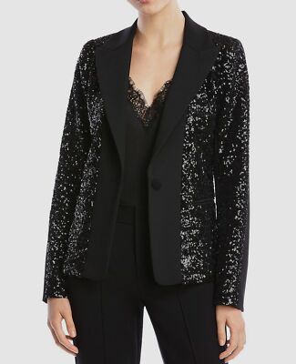 $645 Bailey 44 Women's Black Brooke Sequined Blazer Peak-Lapel Jacket Size 6