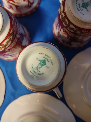 Vtg. Demitasse Cup & Saucer Bone China Crown Staffordshire England Maroon, White - Picture 5 of 9