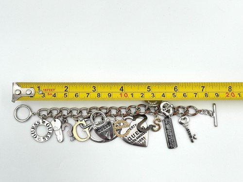 GUESS 15 Charms Bracelet Silver Heart Los Angeles Logo Key Lock Rhinestones Tag - Picture 7 of 10