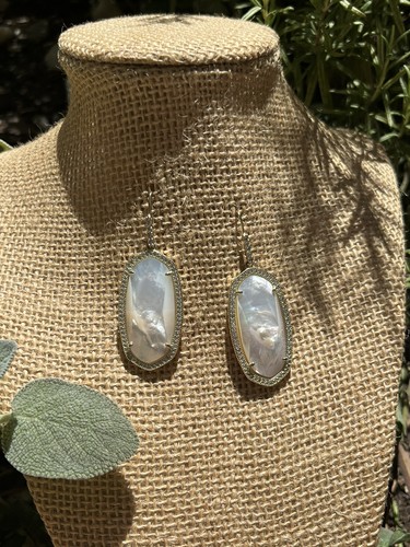 Kendra Scott Pave Luxe Elle White Mother Of Pearl Crystal Gold Earrings RARE - Picture 5 of 17