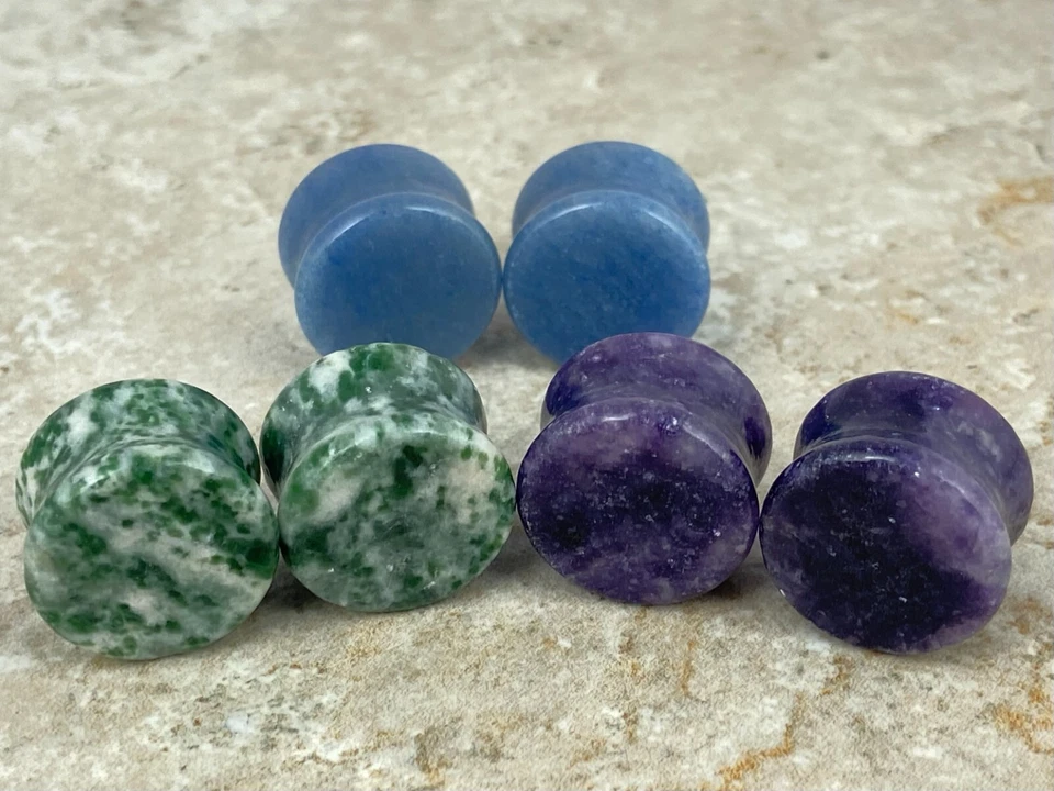 3 pares de tapones de piedra DF (aventurina azul, jade Qinghai, Moondevite) medidores Foto 2 de 4