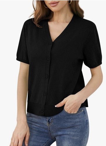 VIIShow Lightweight Cardigan Button Down V Neck Crochet Cropped Medium Black - Picture 2 of 5