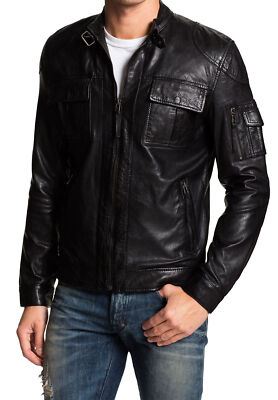 MENS VINTAGE CAFE RACER BLACK LEATHER CASUAL SLIM FIT REAL BIKER JACKET MJ85