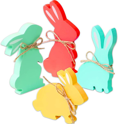 4Pcs Easter Bunny Table Wooden Sign Decorations,Rabbit Shape with Rope Natural W
