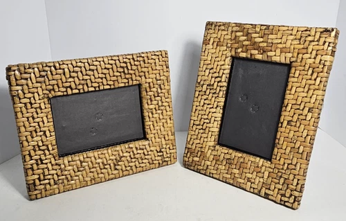 2- Vintage Bamboo/Wicker/Rattan Woven Photo Frames For 4x6 Photos Free Standing