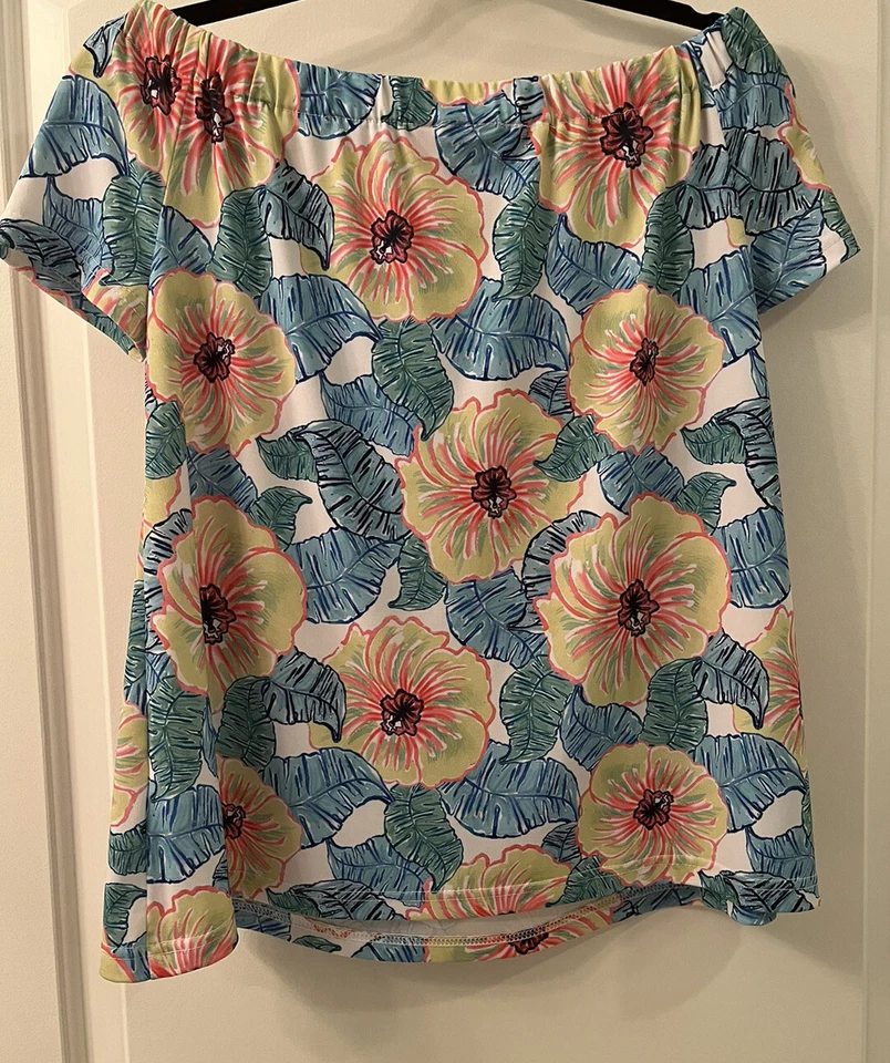 Top manga corta Kaeli Smith para mujer talla XS brillante floral fuera del hombro Foto 2 de 4