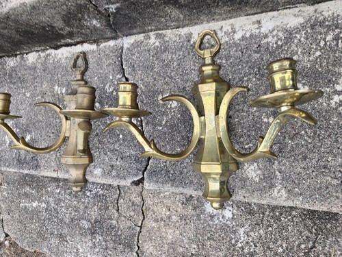 Heavy Brass Pair Wall Sconce India Double Arm - Picture 9 of 10
