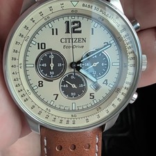 NEW Citizen Eco-Drive Chronograph Date Beige Dial Brown Leather Strap 100m 42mm