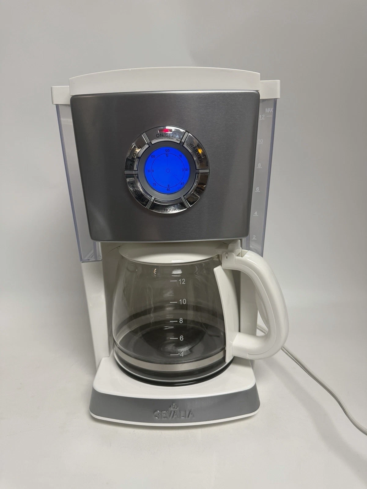 Gevalia 12 Cup Programable Coffee Maker CM650 Glass Carafe Blue Clock Display