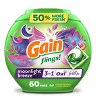 Gain Flings 3-in-1 Laundry Pacs, Oxi & Febreze, Moonlight Breeze, 60 Count
