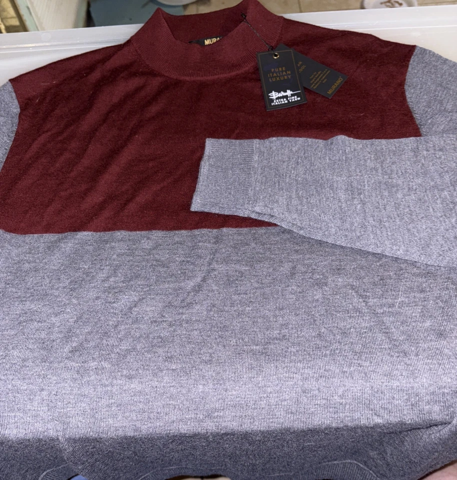 Suéter Murano Para Hombre Hermoso XL Borgoña y Gris 100% Lana Merino Cuello Simulado Foto 3 de 4