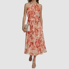 Donna Karan Womens Orange Printed Halter Chain Strap Self-Tie Dress Size 4