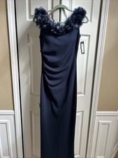New Xscape Off the Shoulder Dress Navy Blue 10 Beautiful 3D Appliqué Neckline