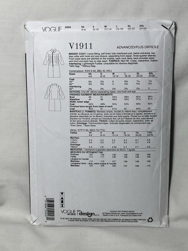 NEW Vogue V1911 Guy Laroche Bias Collar Coat Uncut Sewing Pattern sz L-XXL - Picture 2 of 2