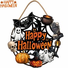 Happy Halloween Spider Web Wooden Hanging Sign 20cm Door Plaque Decor
