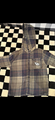 Molo kids plaid hooded button up shirt gray black red size 3/4