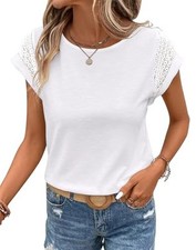 Womens Tops Lace Cap Sleeve T Shirts Casual Trendy Cute Summer X-Large White