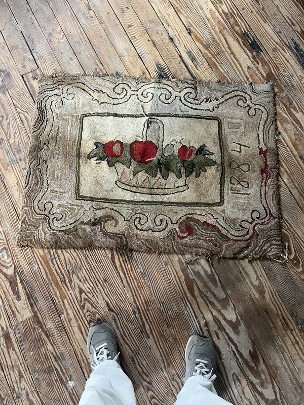 Dated 1884 Antique American Folk Art Hooked Rug Mat, 19th Century 29” x 39” AAFA