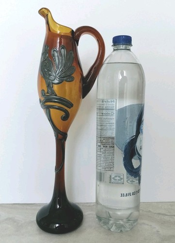 Antique Art Nouveau Amber Glass Ewer Decanter Silver Overlay Marked 1000  - Bild 21 von 22