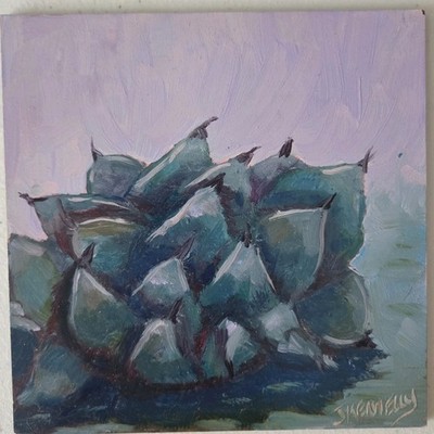 Original Oil Painting Blue Agave Succulent Plant 6x6 Panel Pale Blue Desert Art