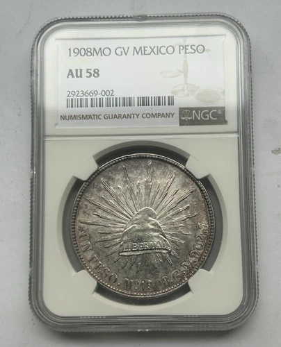 MEXICO SILVER 1 PESO 1908MO GV AU 58 NGC