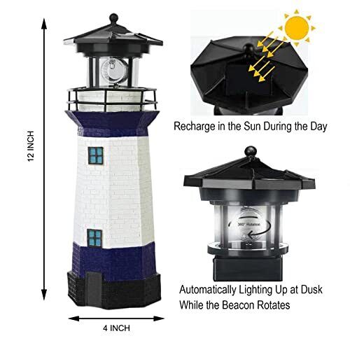 HSHD Lighthouse with Rotating Beacon LED Lights - Solar Lighthouse