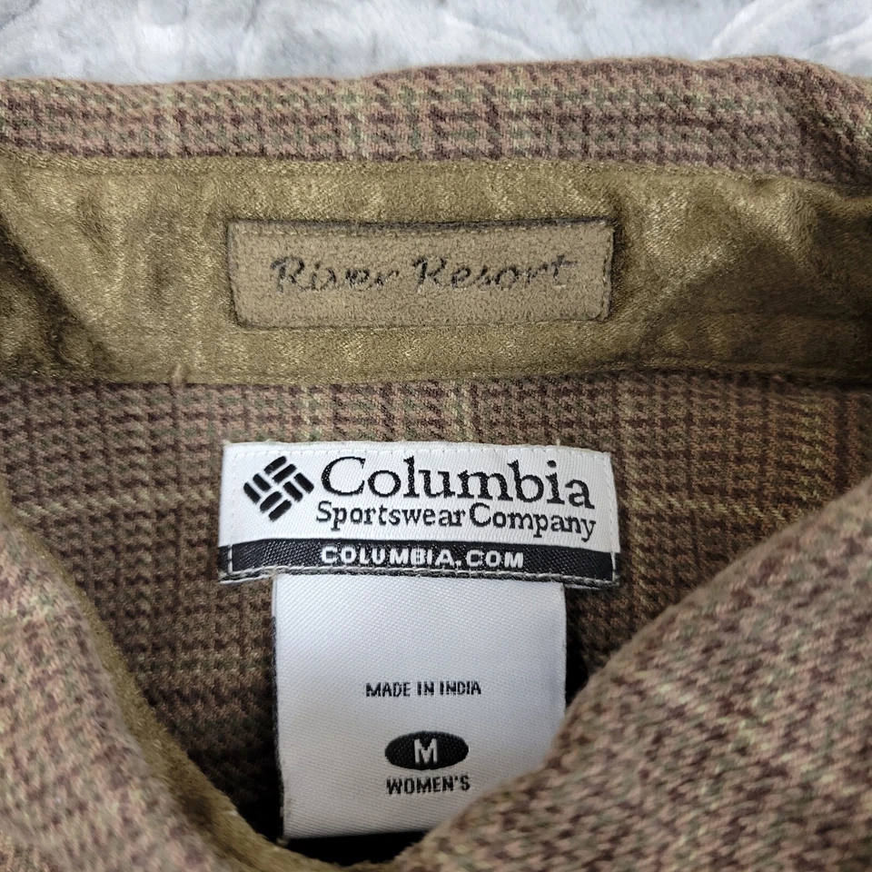 Camisa Columbia River Resort Mujer M Marrón A Cuadros Acolchada Hombros Codos Franela Foto 2 de 4