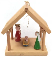 Vtg Mini Wooden Nativity Scene Holy Family Manger Christmas Ornament Decor