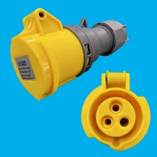 1x 16A 110V 2P+E Yellow Coupler 3 Pin Female Socket Quick Fit, Splash Proof IP44